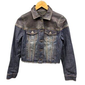 BCBGMAXAZRIA‎ Denim Jacket Women’s Blue Cropped Leather Trim Frayed Hem XS NWT